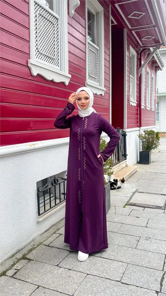 O Yaka Fermuarlı Yan Cepli Pamuklu Uzun Ferace - 71179.020 - Mürdüm - 3