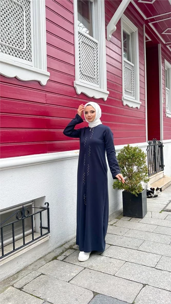 O Yaka Fermuarlı Yan Cepli Pamuklu Uzun Ferace - 71179.015 - Lacivert - 5