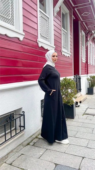 O Yaka Fermuarlı Yan Cepli Pamuklu Uzun Ferace - 71179.003 - Siyah - 6