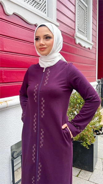 O Yaka Fermuarlı Yan Cepli Pamuklu Uzun Ferace - 71179.020 - Mürdüm - 7