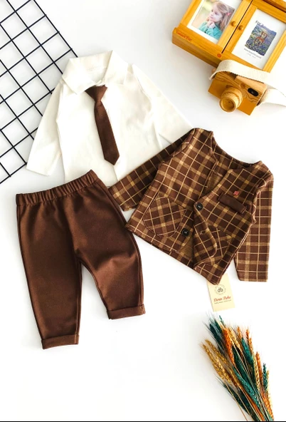 Neşeli Bebekler Kravatlı Ceketli İki İp Kumaş Üçlü Takım Kahverengi - 3