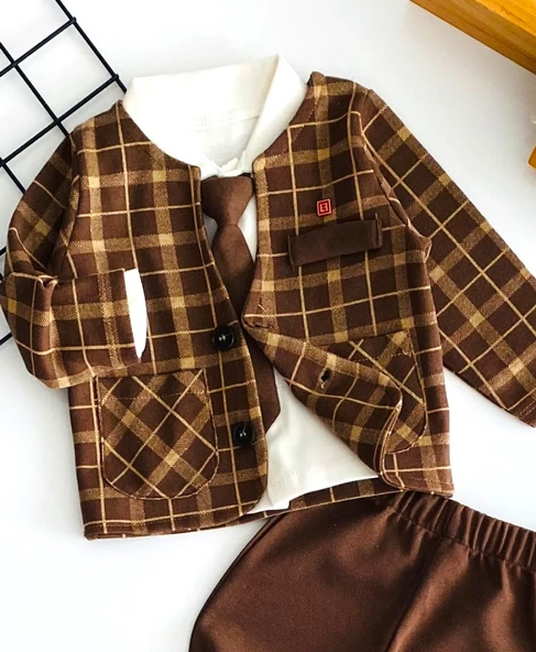 Neşeli Bebekler Kravatlı Ceketli İki İp Kumaş Üçlü Takım Kahverengi - 2