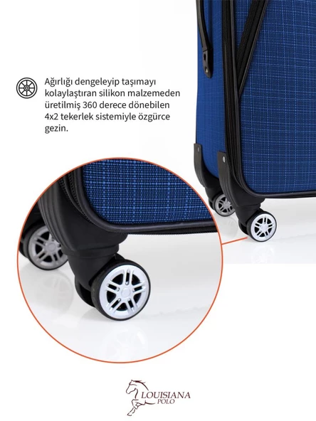 Louisiana Polo Orta Boy 4 Teker Kumaş Valiz Saks Mavi 1081 - Resim 5