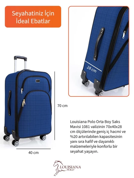 Louisiana Polo Orta Boy 4 Teker Kumaş Valiz Saks Mavi 1081 - Resim 3