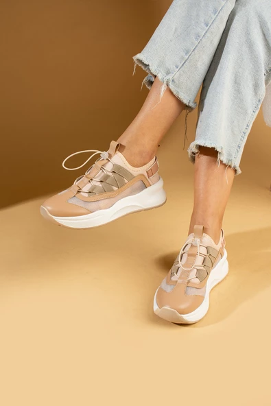 Pembe Potin Yüksek Taban Lastik Bağcıklı Fileli Kadın Sneaker 36-728-24 - 8