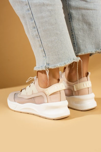 Pembe Potin Yüksek Taban Lastik Bağcıklı Fileli Kadın Sneaker 36-728-24 - 6