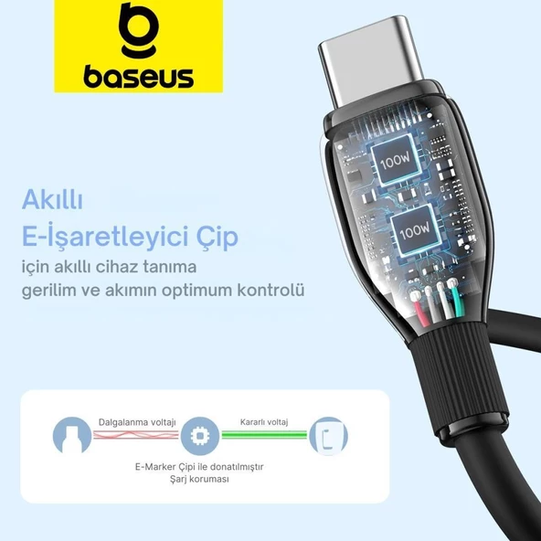 Baseus MEGA Hızlı 1.2MT 100W Type-C To Type C Şarj Kablosu, Akım Ve Isı Korumalı Type C Kablo, PC, Tablet, Telefon - 8