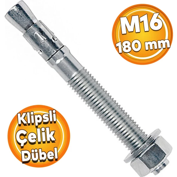 Saplamalı Klipsli Çelik Dübel M16x180 mm Raf Montaj Bağlantı Kanalları