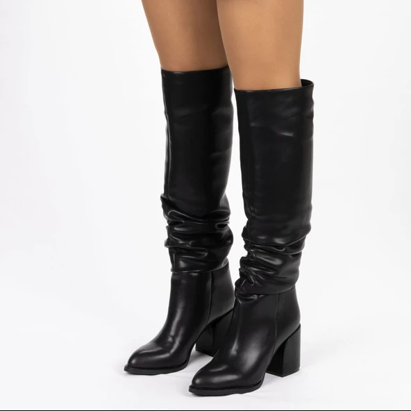 Kadın Sivri Burunlu Kalın Topuklu Körüklü Diz Altı Çizme - Resim 5
