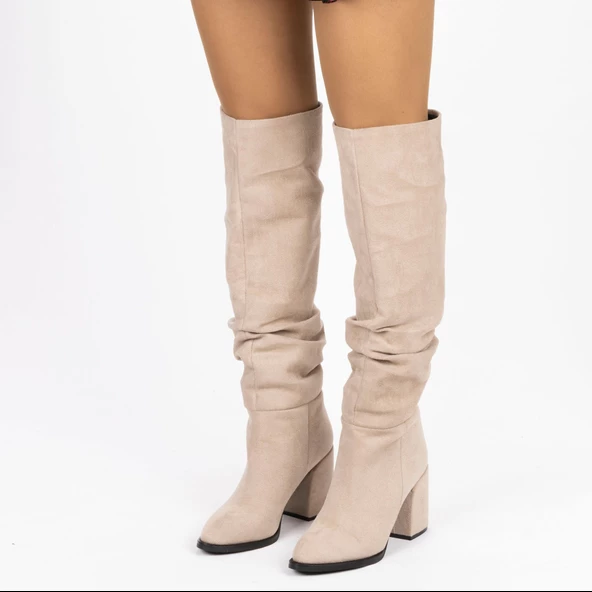 Kadın Sivri Burunlu Kalın Topuklu Körüklü Diz Altı Çizme - Resim 9