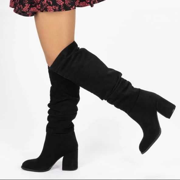 Kadın Sivri Burunlu Kalın Topuklu Körüklü Diz Altı Çizme - Resim 11