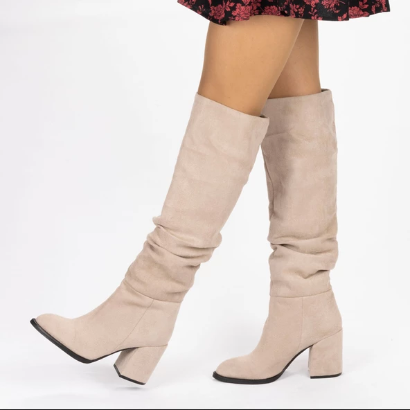 Kadın Sivri Burunlu Kalın Topuklu Körüklü Diz Altı Çizme - Resim 8