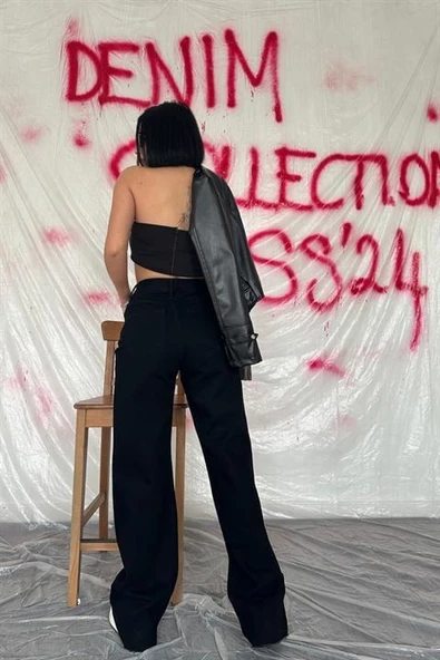 Yüksek Bel ve Geniş Paça Jeans Pantolon - 3