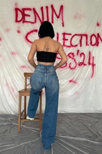 Yüksek Bel ve Geniş Paça Jeans Pantolon - 3