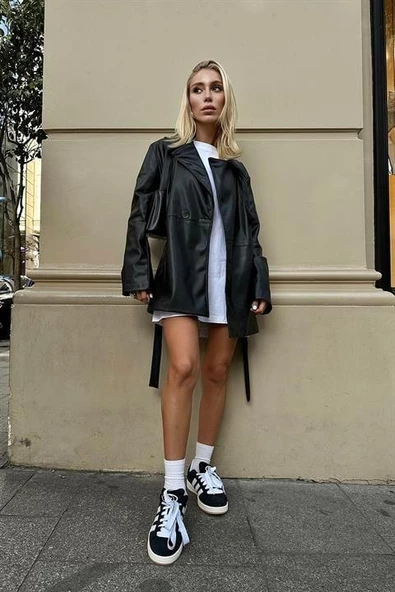 Kuşak Kapamalı Deri Ceket