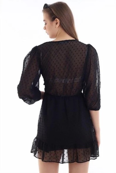 Puantiyeli Kruvaze Elbise - Resim 3