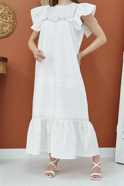 Omuzu Fırfır Detaylı ve Büzgülü Elbise - Resim 2