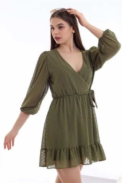 Puantiyeli Kruvaze Elbise - Resim 2