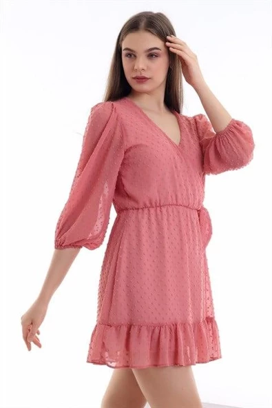 Puantiyeli Kruvaze Elbise - Resim 2