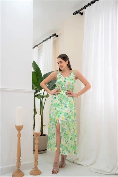 Yaz Desen Yırtmaçlı Elbise - Resim 3