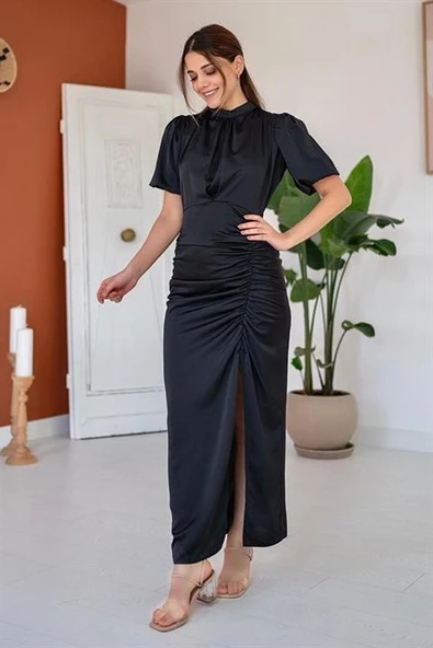 Büzgülü Saten Elbise - Resim 2