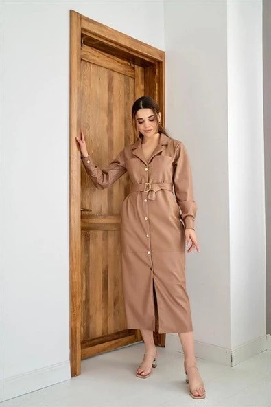 Kemerli Deri Elbise - Resim 4