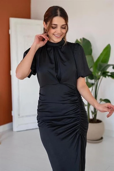 Büzgülü Saten Elbise - Resim 4