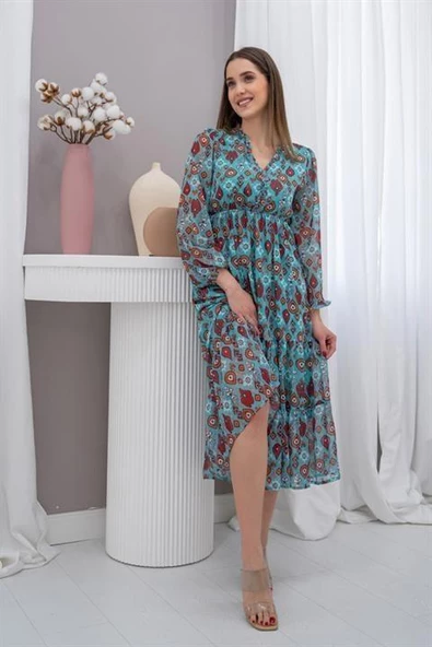 Desenli Şifon Elbise - Resim 2