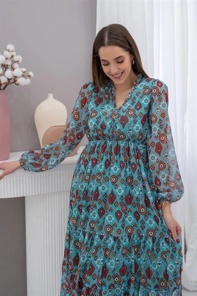 Desenli Şifon Elbise - Resim 3