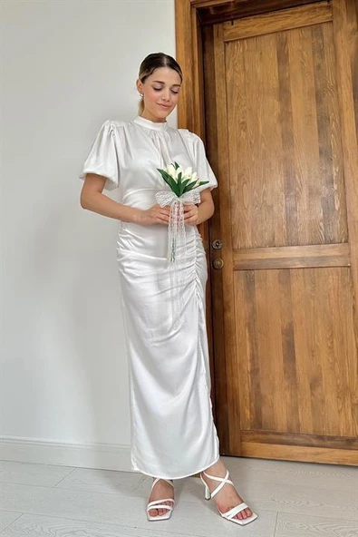 Büzgülü Saten Elbise ürün görseli