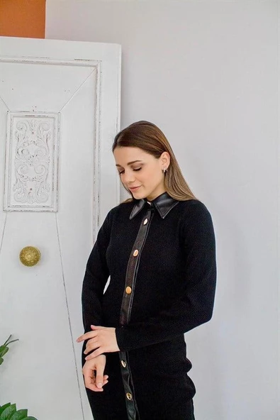 Deri Detaylı Elbise - Resim 3