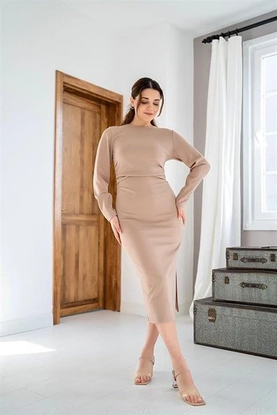 Yırtmaçlı ve Büzgülü Elbise - 5