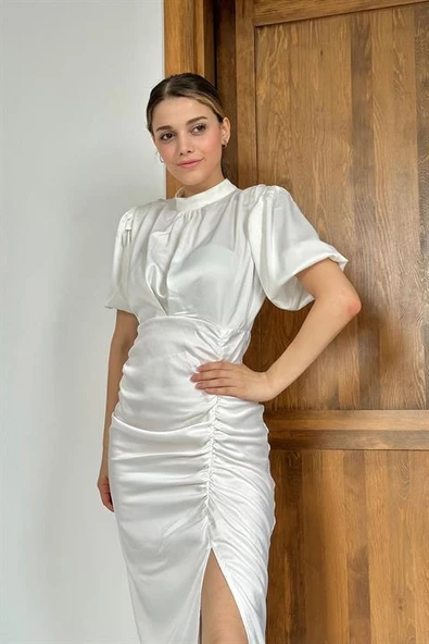 Büzgülü Saten Elbise - Resim 2