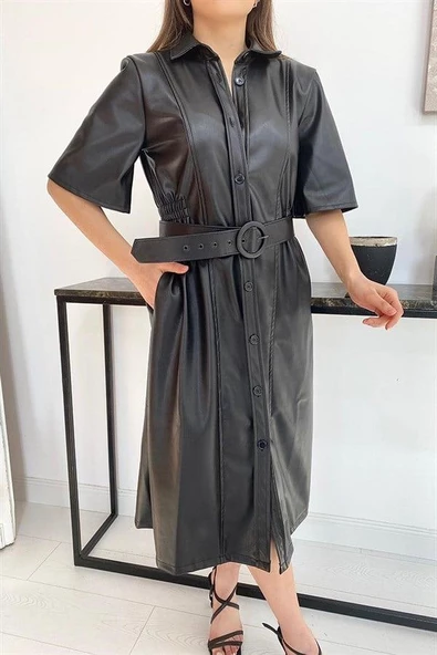 Kemerli Deri Elbise - Resim 4