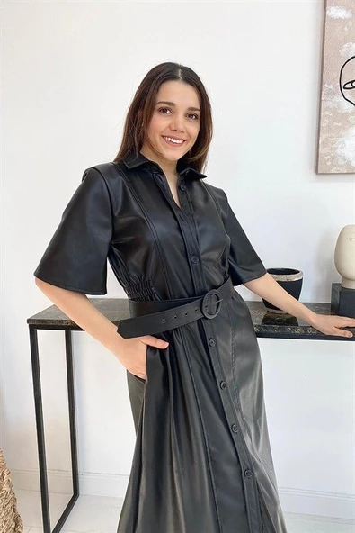 Kemerli Deri Elbise - Resim 3