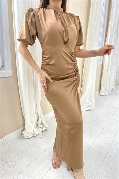 Büzgülü Saten Elbise - Resim 2