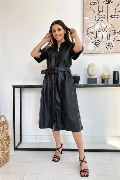 Kemerli Deri Elbise - Resim 2