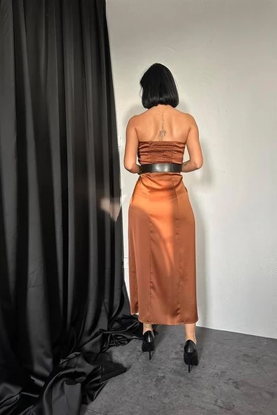 Straplez Saten Elbise - Resim 3