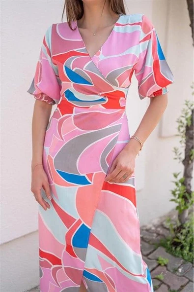 Desenli Yırtmaçlı Elbise - Resim 2