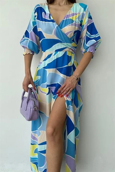 Desenli Yırtmaçlı Elbise - Resim 5