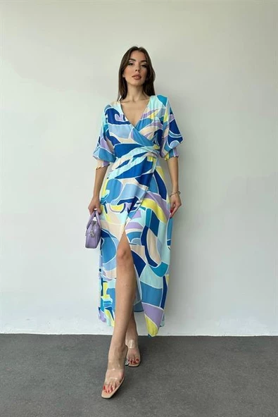 Desenli Yırtmaçlı Elbise - Resim 2