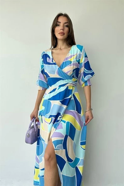 Desenli Yırtmaçlı Elbise - Resim 4