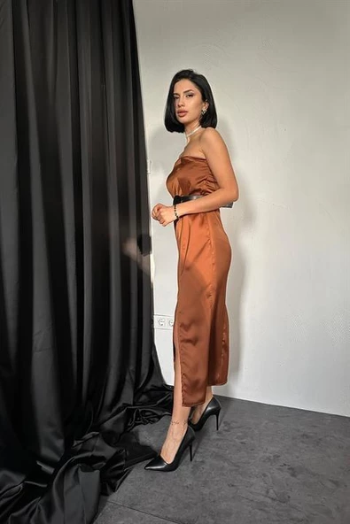 Straplez Saten Elbise - Resim 2