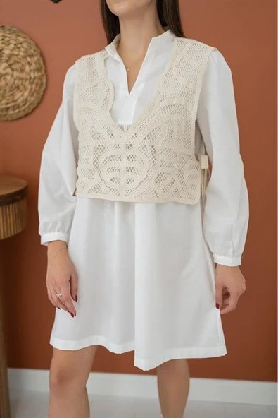 Yelekli Poplin Elbise - Resim 2