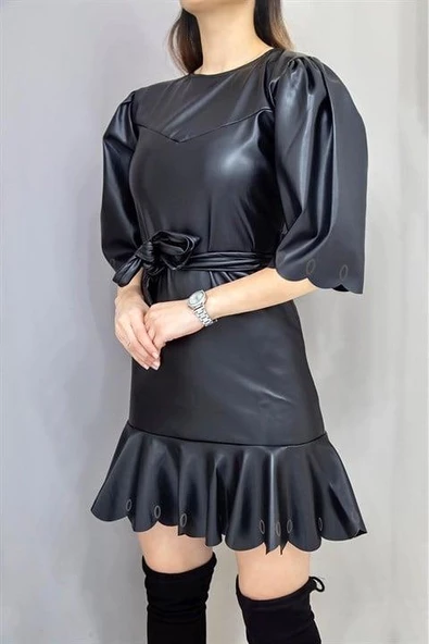 Deri Mini Elbise - Resim 2