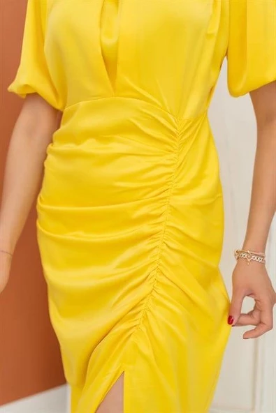 Büzgülü Saten Elbise - Resim 3