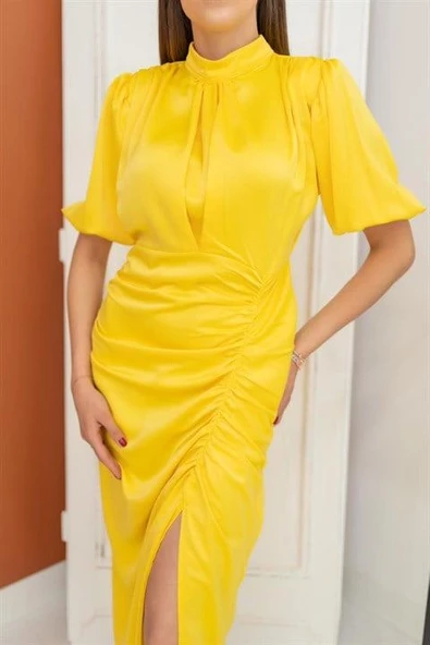 Büzgülü Saten Elbise - Resim 2