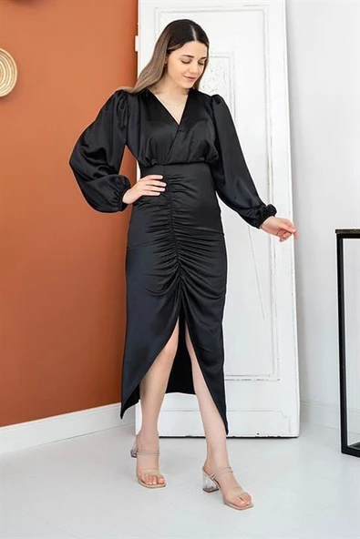 V Yaka Saten Elbise - Resim 6