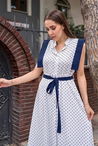 Puantiyeli Kuşaklı Elbise - Resim 2