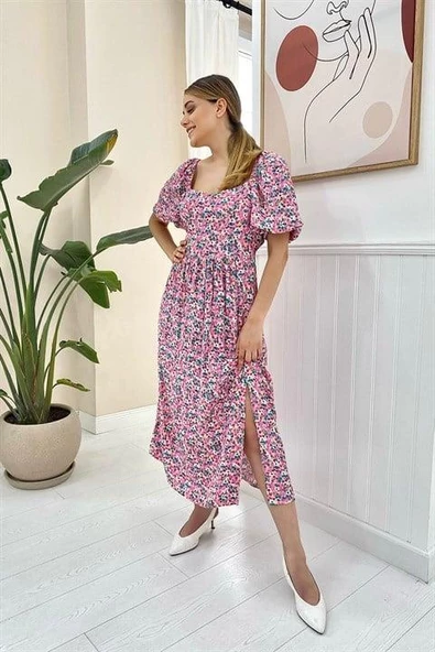 Çiçek Desenli Sırt Detaylı Elbise - Resim 3